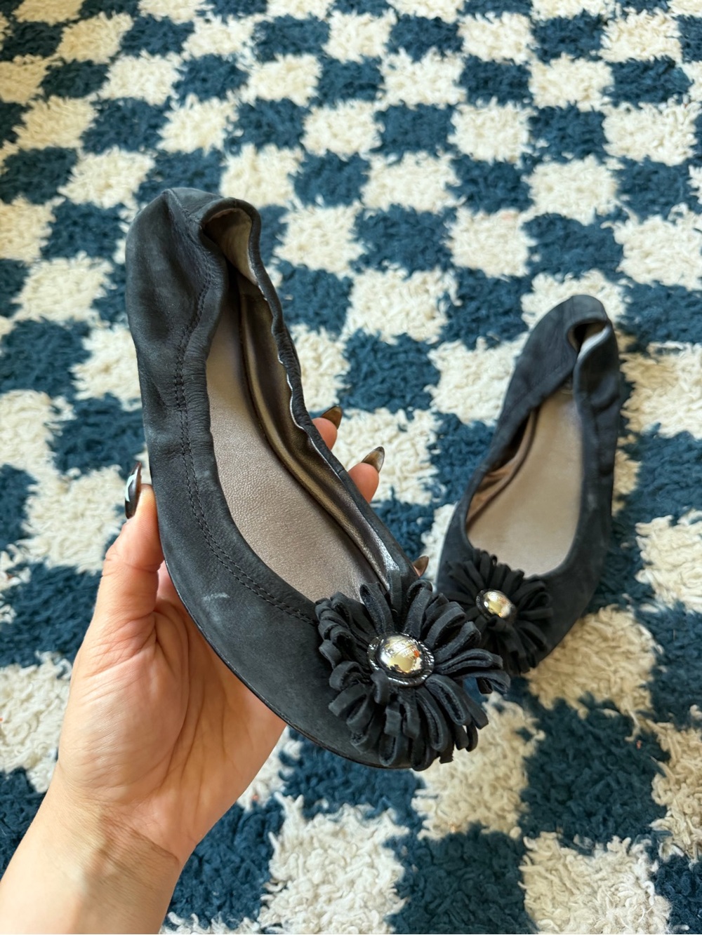 Coach Black Flower Ballet Flats with Center Jewel - Women